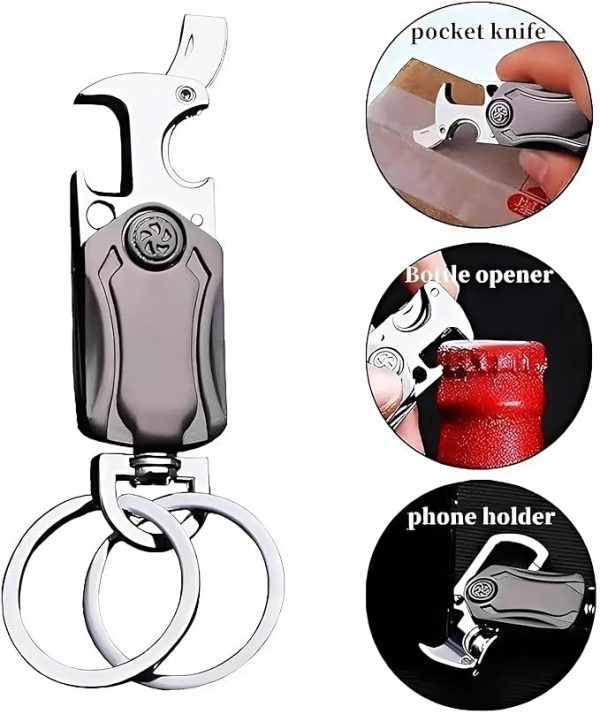 dhaval 5 in 1 stylish keychain for women & men 360° rotation carabiner with bottle opener, phone holder, and decompression spinner durable zinc alloy multi functional keychain bike and car, silver