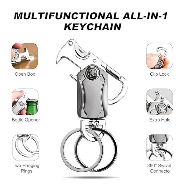 dhaval 5 in 1 stylish keychain for women & men 360° rotation carabiner with bottle opener, phone holder, and decompression spinner durable zinc alloy multi functional keychain bike and car, silver